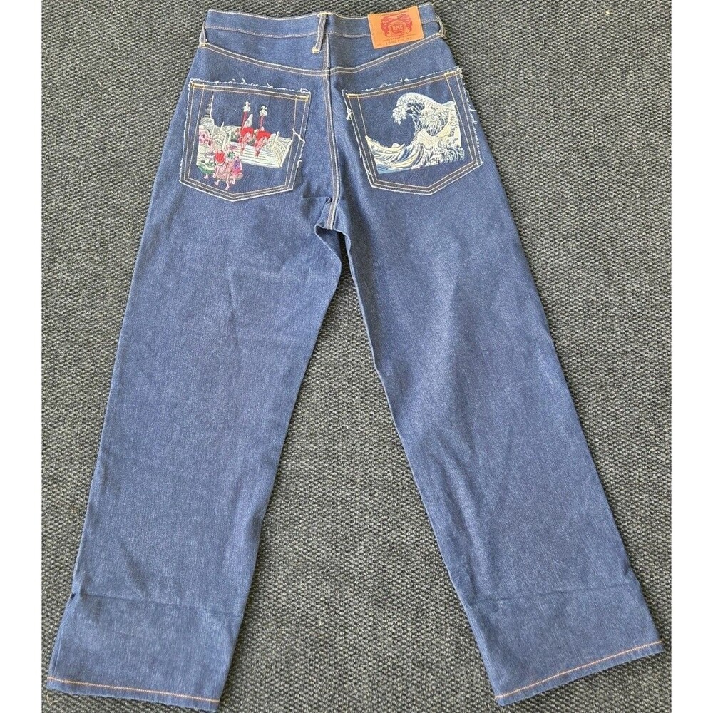 RMC Martin Ksohoh Blue Denim Jeans Asian Wave Embroidery Lot 1002 Size 32 x 32